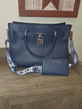Michael Kors Navy Leather Satchel with Removable Strap
